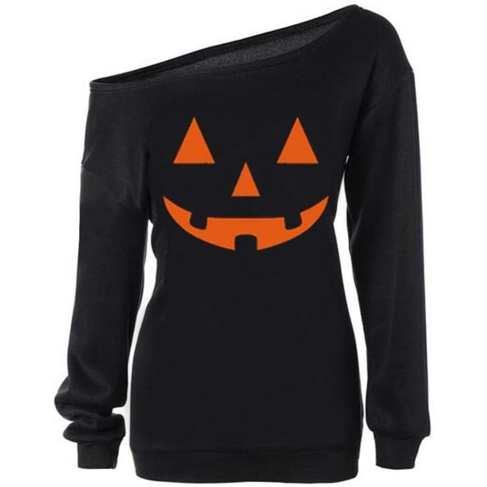 Women's Halloween Slouchy Cotton Blend Off Shoulder Pumpkin Sweater Top